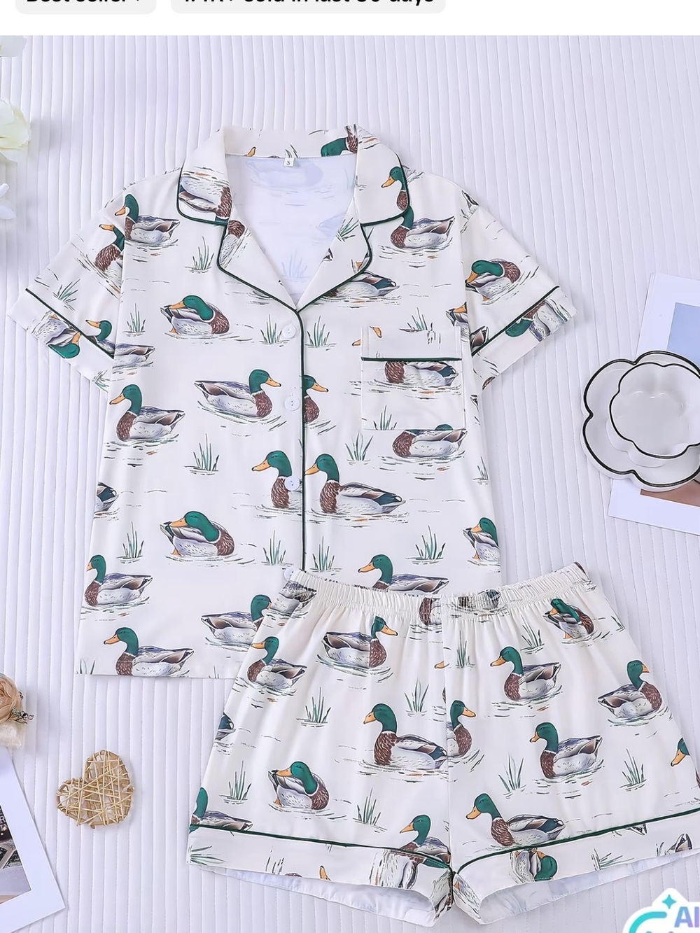 Women’s Cream Duck-Print Pajama Set with Green Piping